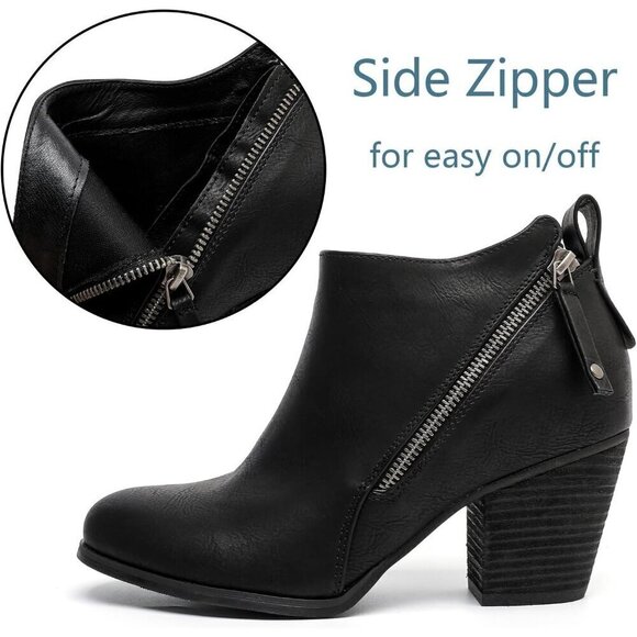 Women's Black Wide Width Ankle Mid Heel Side Zipper Booties. - Picture 5 of 7